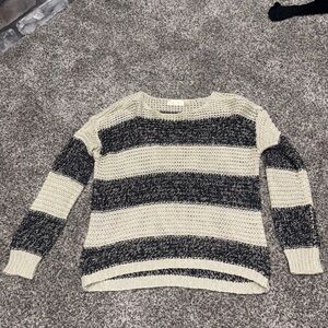 RD Style Open-Knit Striped Crewneck Sweater in Cream and Black